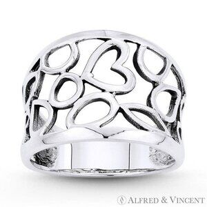 Heart Charm & Freeform Cutout  Wide Band in .925 Sterling Silver - Size 6